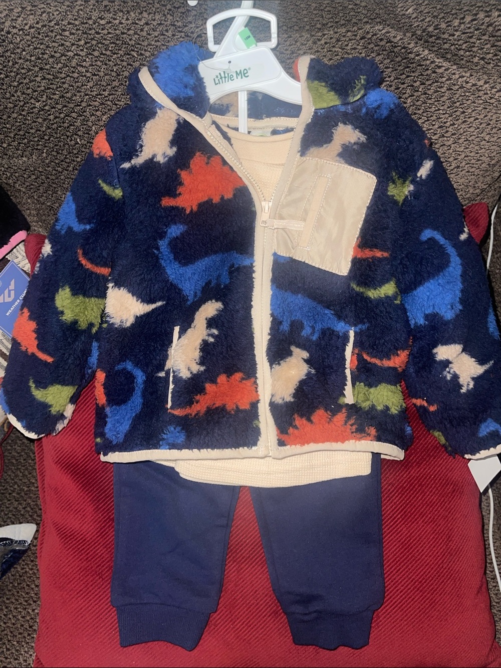 Little Me Navy Dino Fuzzy Puffer Jacket with Multicolor Dino Print